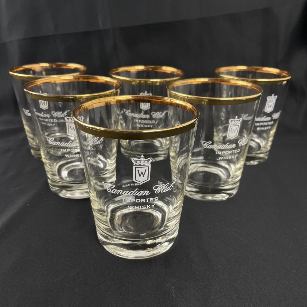 Vintage Canadian Club Gold Rim Rocks Imported Whiskey Glasses Set of 6